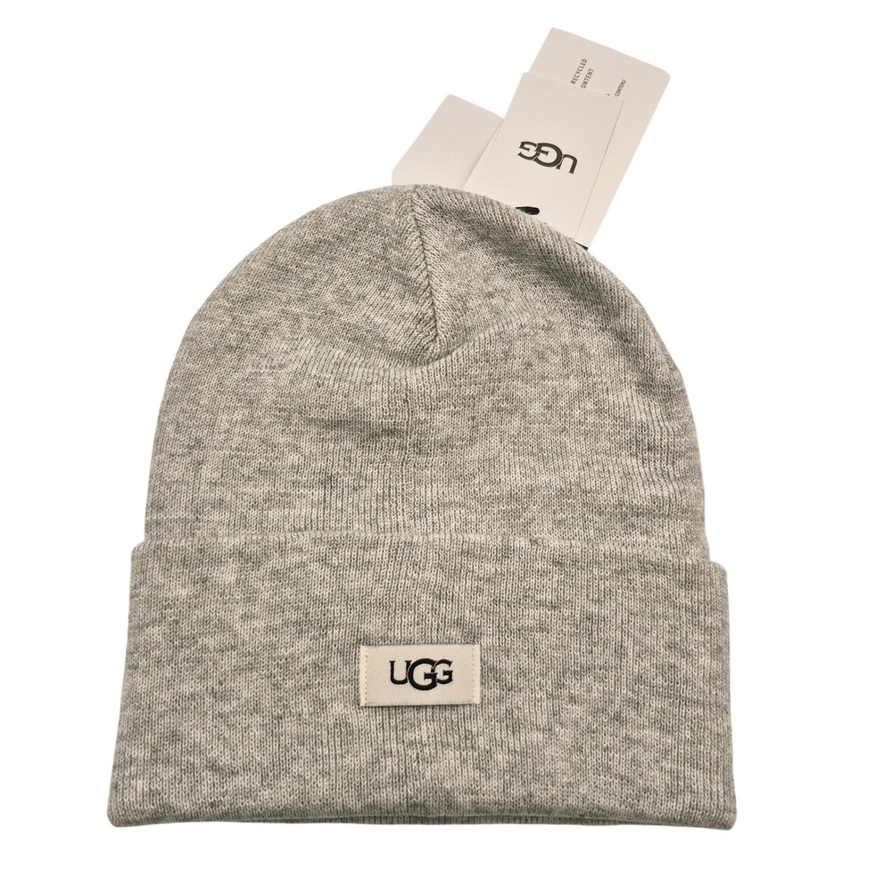 UGG Logo Knit Folded Cuff Beanie Hat Winter Heather Gray One Size NWT